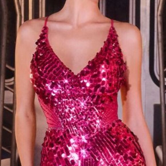 New Hot Pink Dazzling Sequins Embellished Maxi Gala Dress w/ Lace Up Back CDS551 - Picture 9 of 10
